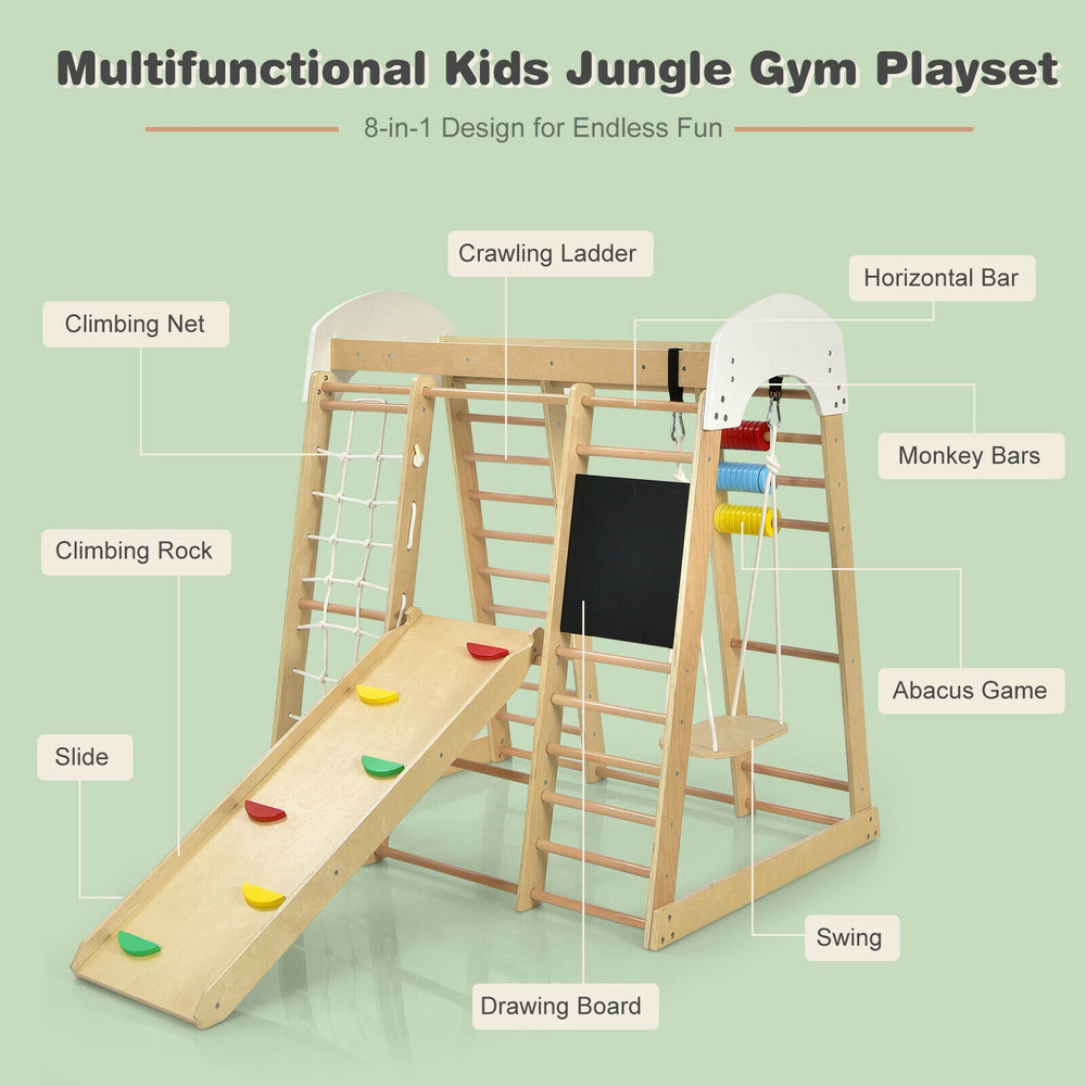 Indoor playground climbing gym playset with slide, swing, and monkey bars, made of sturdy wood for kids' fun and safety.