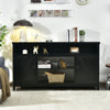 Black 59-inch TV stand with barn doors, open compartments, and adjustable shelves for versatile storage in living.