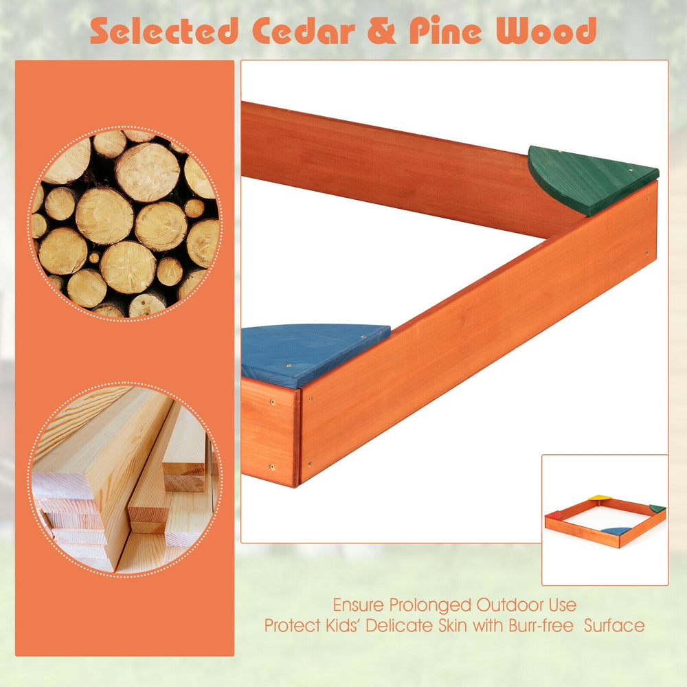 Kids outdoor wooden sandbox with built-in corner seating in cedar and pine wood, featuring smooth, burr-free surfaces.