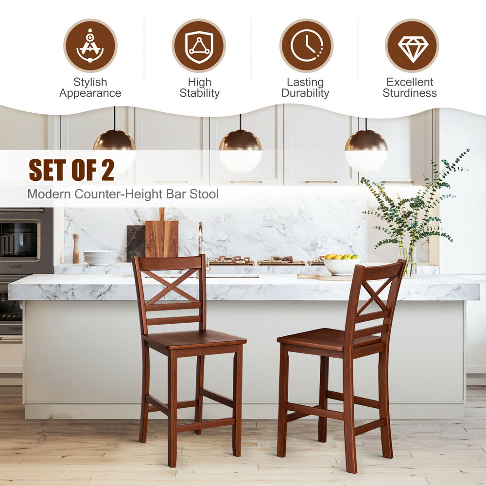 Set of 2 counter-height bar stools with rubber wood legs, featuring an ergonomic design and X-shaped backrest for.