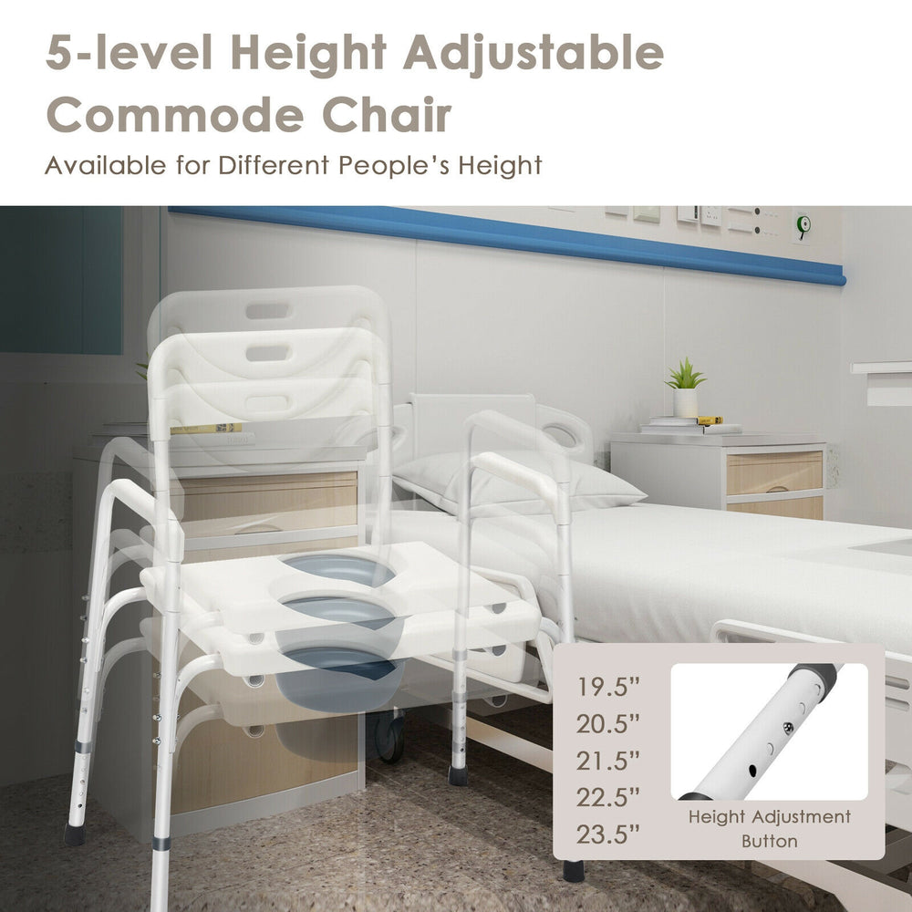 Height adjustable commode chair with removable backrest, suitable for bedside or bathroom use, ranging from 19.5" to.