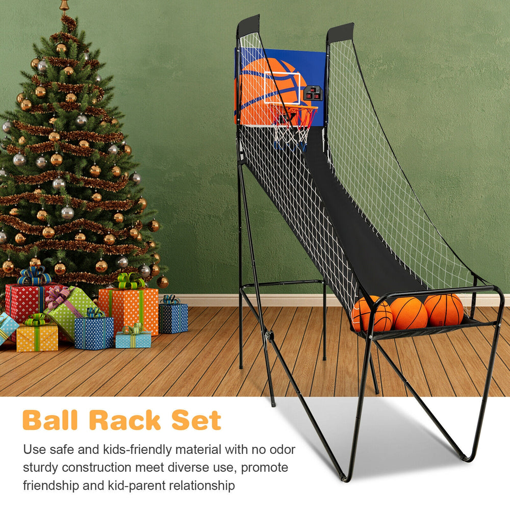 Foldable basketball arcade game with electronic scorer, includes 3 basketballs, perfect for solo or family fun.