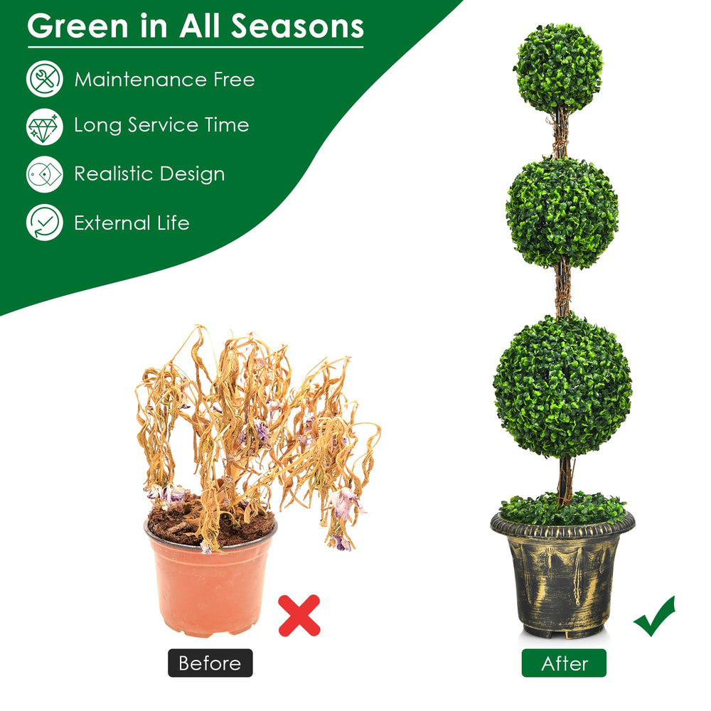 4 feet artificial topiary triple ball tree with realistic PE leaves and sturdy cement-filled pot for indoor and outdoor.
