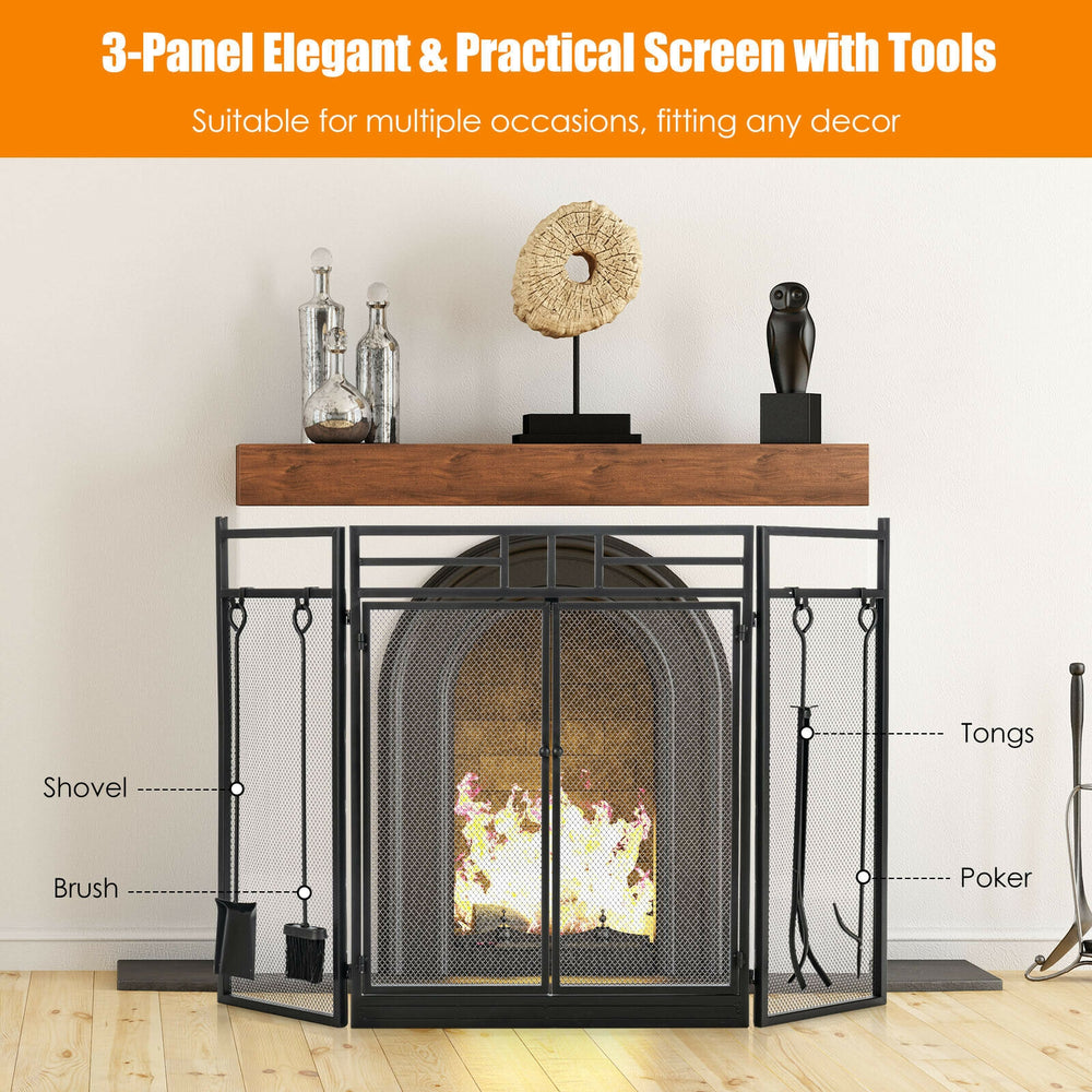 3-panel black wrought iron fireplace screen with tools, designed for safety and style, perfect for indoor or outdoor.