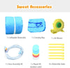 Inflatable water slide accessories including air blower, carrying bag, hose assembly kit, and stakes for stability.
