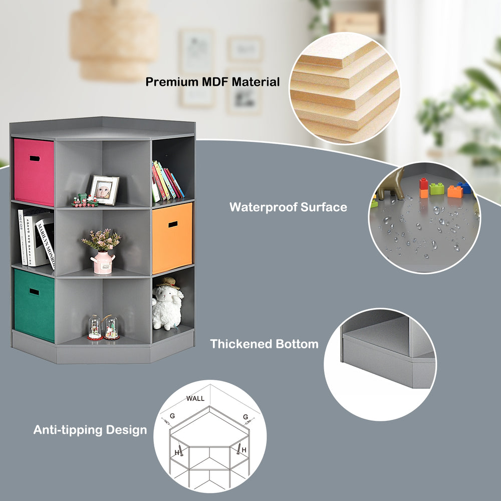 3-tier gray kids storage shelf corner cabinet with 3 colorful baskets, designed for space-saving organization.