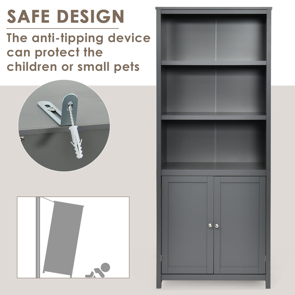 Gray wooden bookcase with adjustable shelves and doors, offering large storage space for books and decor.