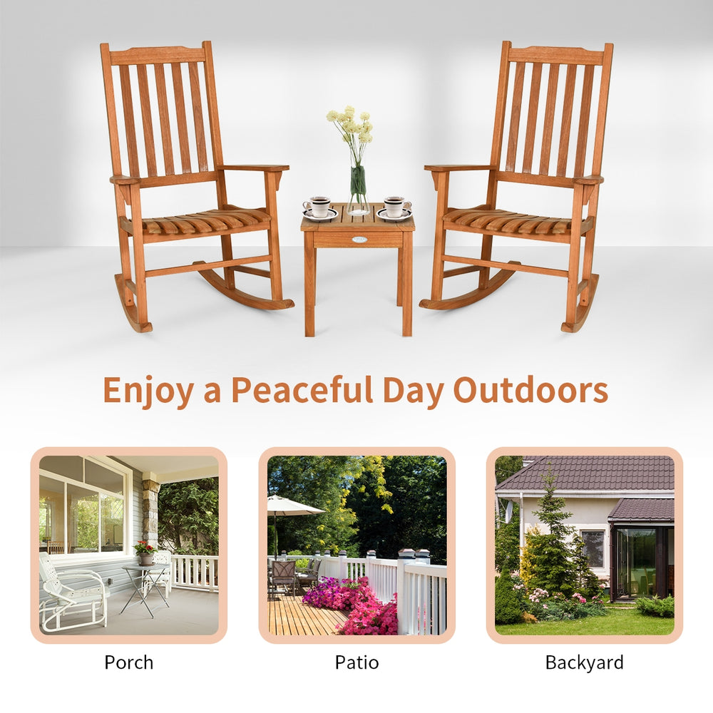 Eucalyptus rocking chair set includes two comfortable chairs with wide backrests, ideal for serene outdoor moments.