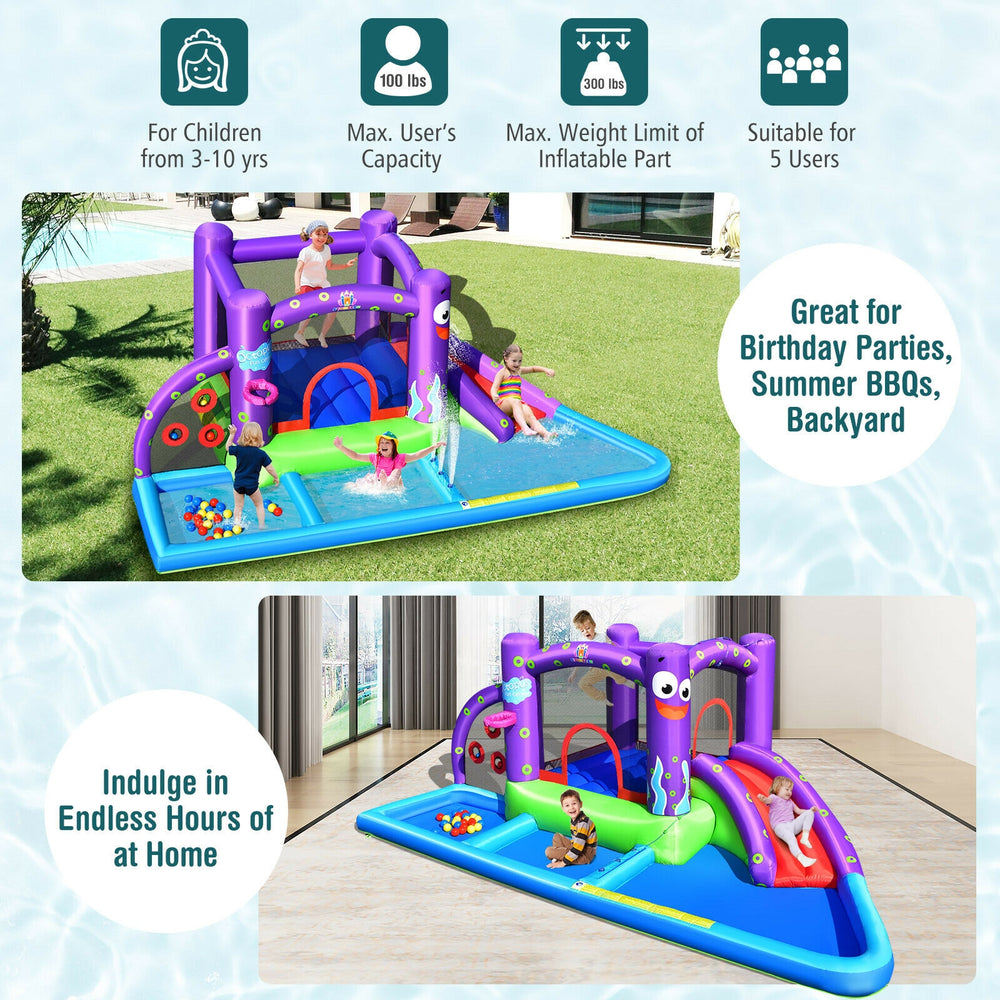 Inflatable water slide castle featuring a jumping area, splash pool, and octopus design, perfect for backyard fun.