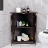 Brown bathroom corner storage cabinet with shutter doors, adjustable shelves, and spacious storage for various items.