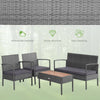 4-piece rattan patio conversation set with acacia wood tabletop, featuring 2 single sofas and a loveseat for outdoor.