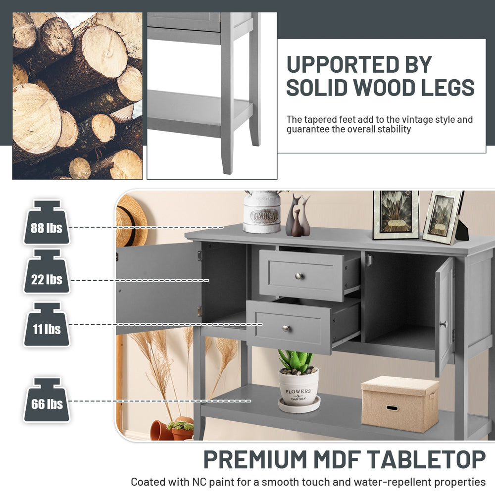 Gray wooden sideboard buffet console table with drawers, sturdy MDF and pine wood, ideal for living room or kitchen.