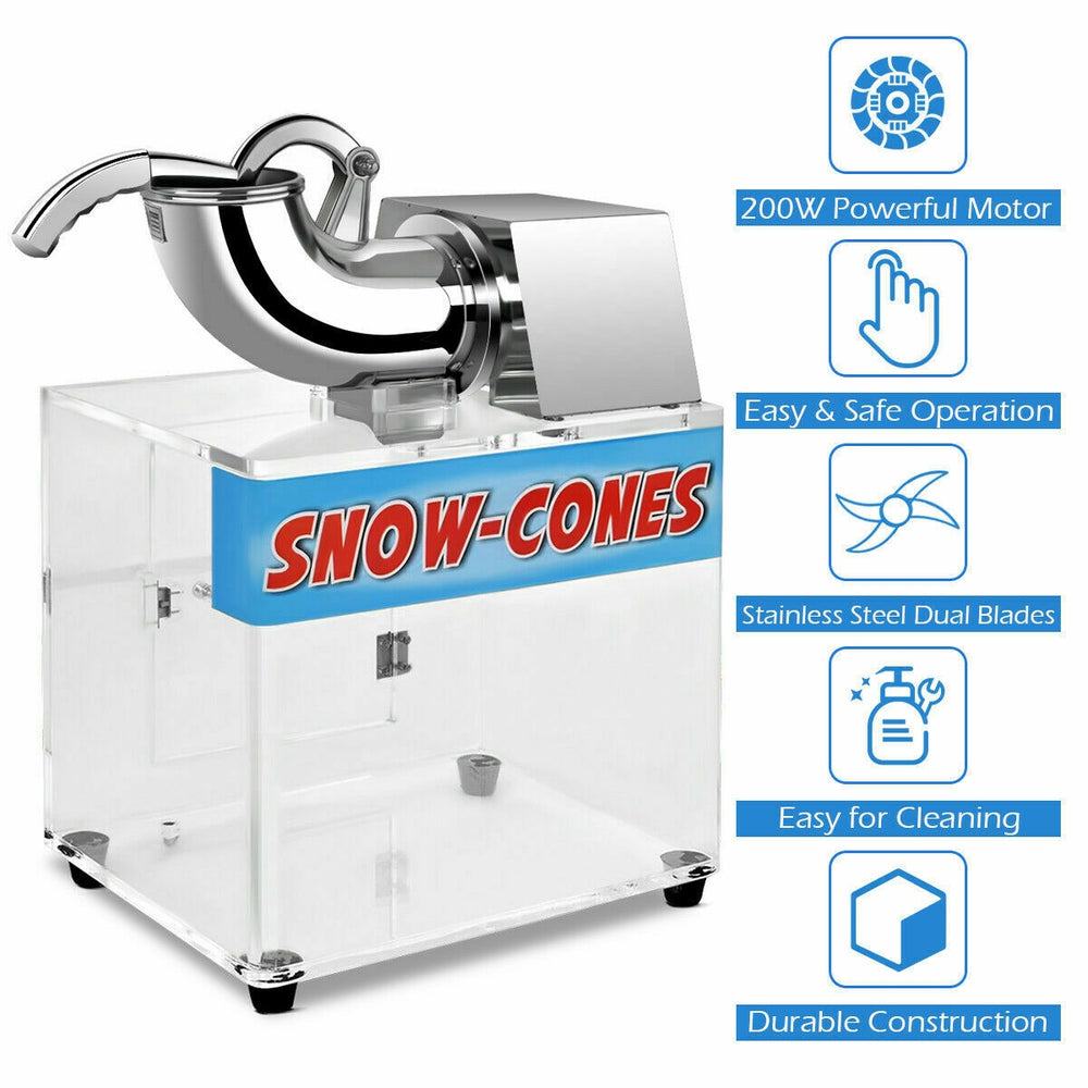 Electric snow cone machine with stainless steel construction and dual blades, ideal for parties and gatherings.