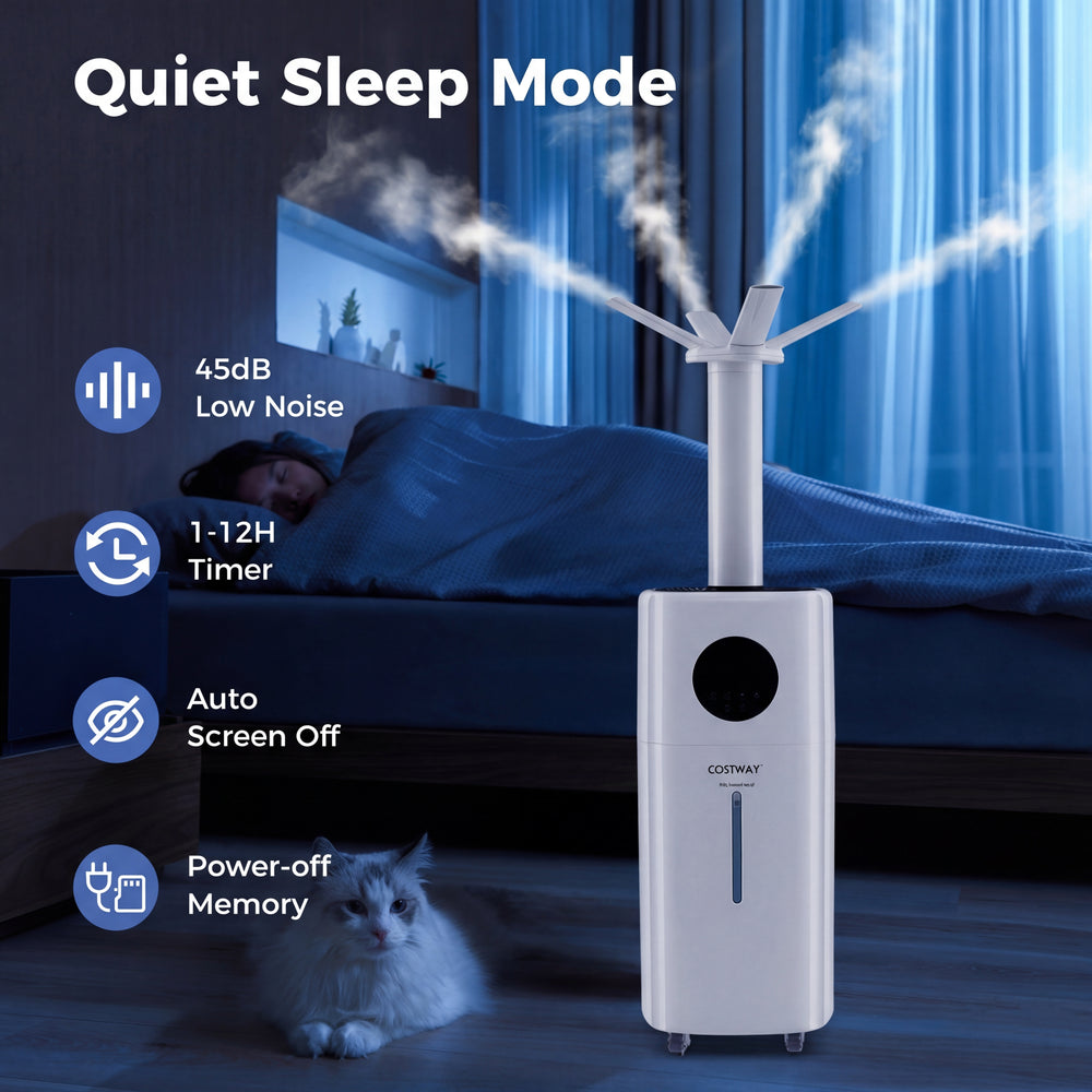 5.5-gallon humidifier with 360° nozzles, quiet operation, and timer, ideal for large rooms up to 2000 sq.ft.