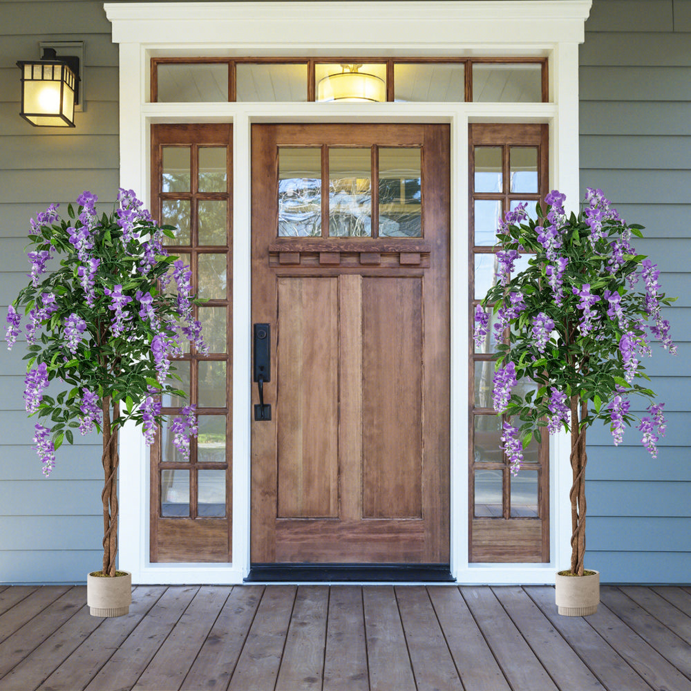 5.5 FT faux wisteria plant in nursery pot with purple flowers, perfect for front door decor or elegant home accents.