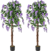 Set of 2, 5.5 FT faux wisteria plants with purple flowers in nursery pots, perfect for home or office decor.