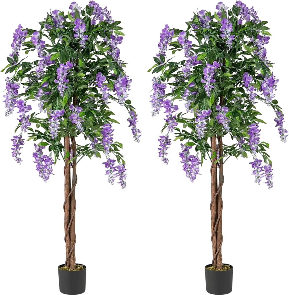 Set of 2, 5.5 FT faux wisteria plants with purple flowers in nursery pots, perfect for home or office decor.