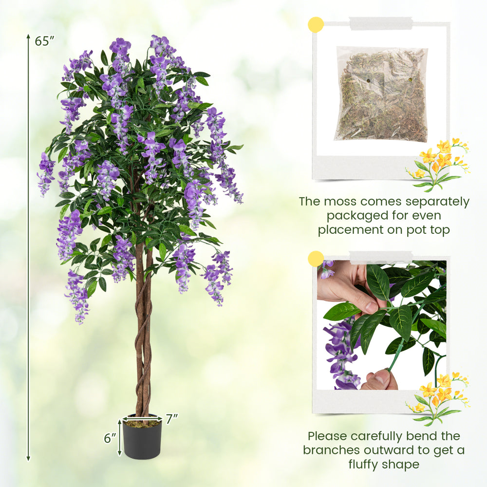 Faux wisteria plant with purple flowers, 5.5 FT tall, in a nursery pot, perfect for home or office decoration.