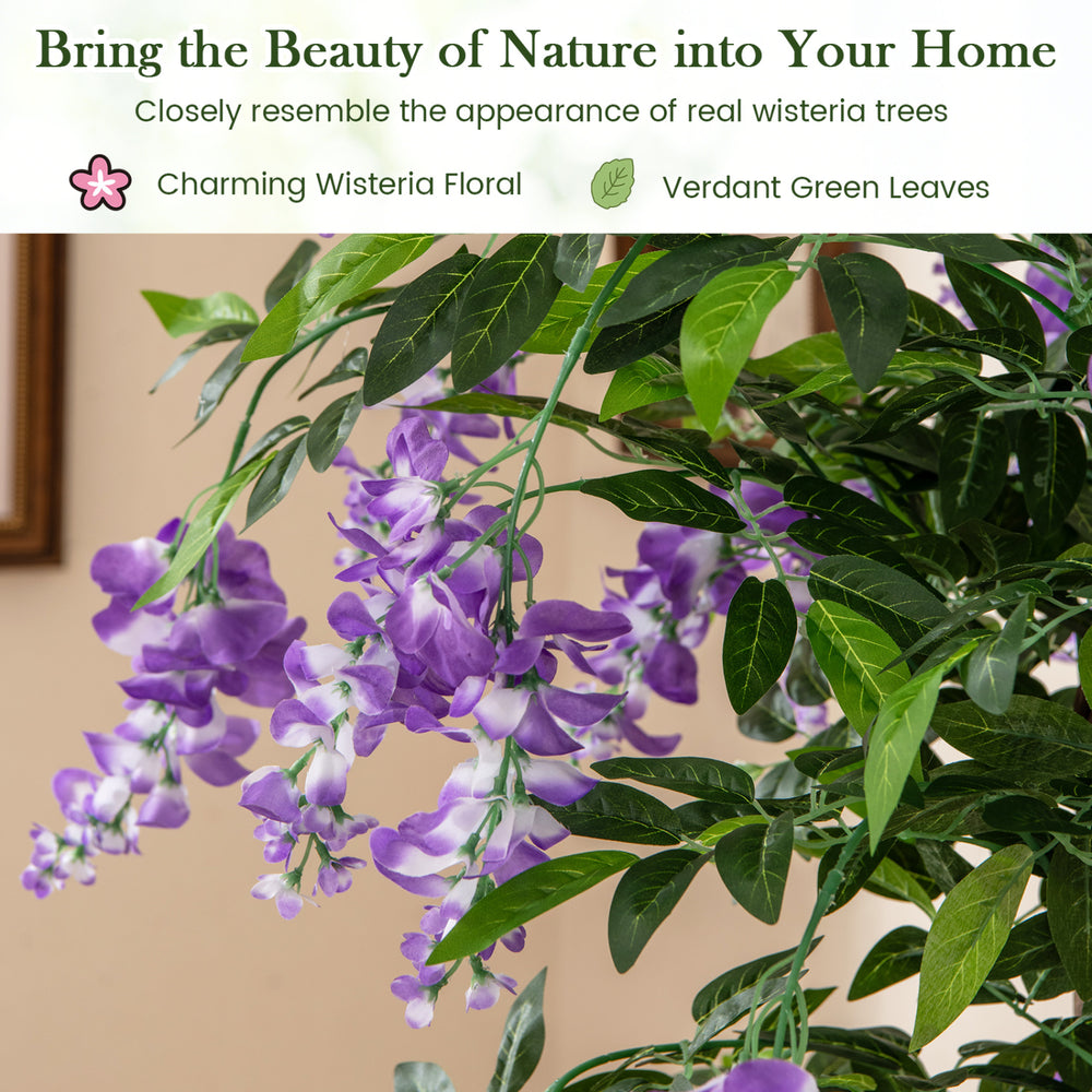 5.5 FT faux wisteria plant with purple flowers and green leaves in a nursery pot, perfect for home or office decor.
