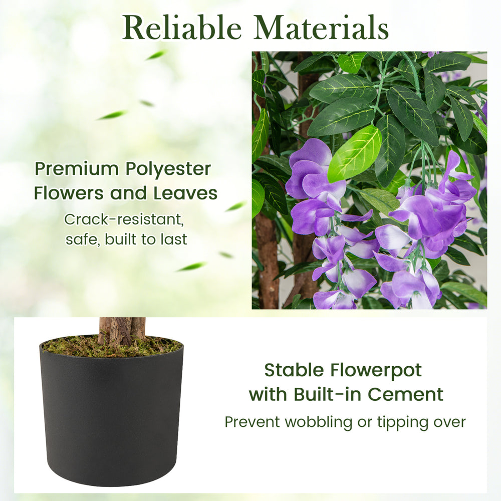 Faux wisteria plant with purple flowers in a stable flowerpot, featuring crack-resistant materials for lasting beauty.