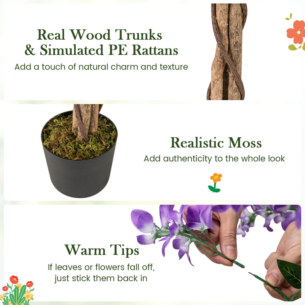 Faux wisteria plant with purple flowers, real wood trunks, and realistic moss in a nursery pot for elegant home decor.