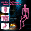 Life-size pink Halloween skeleton with movable joints, ideal for indoor or outdoor decorations and Halloween parties.