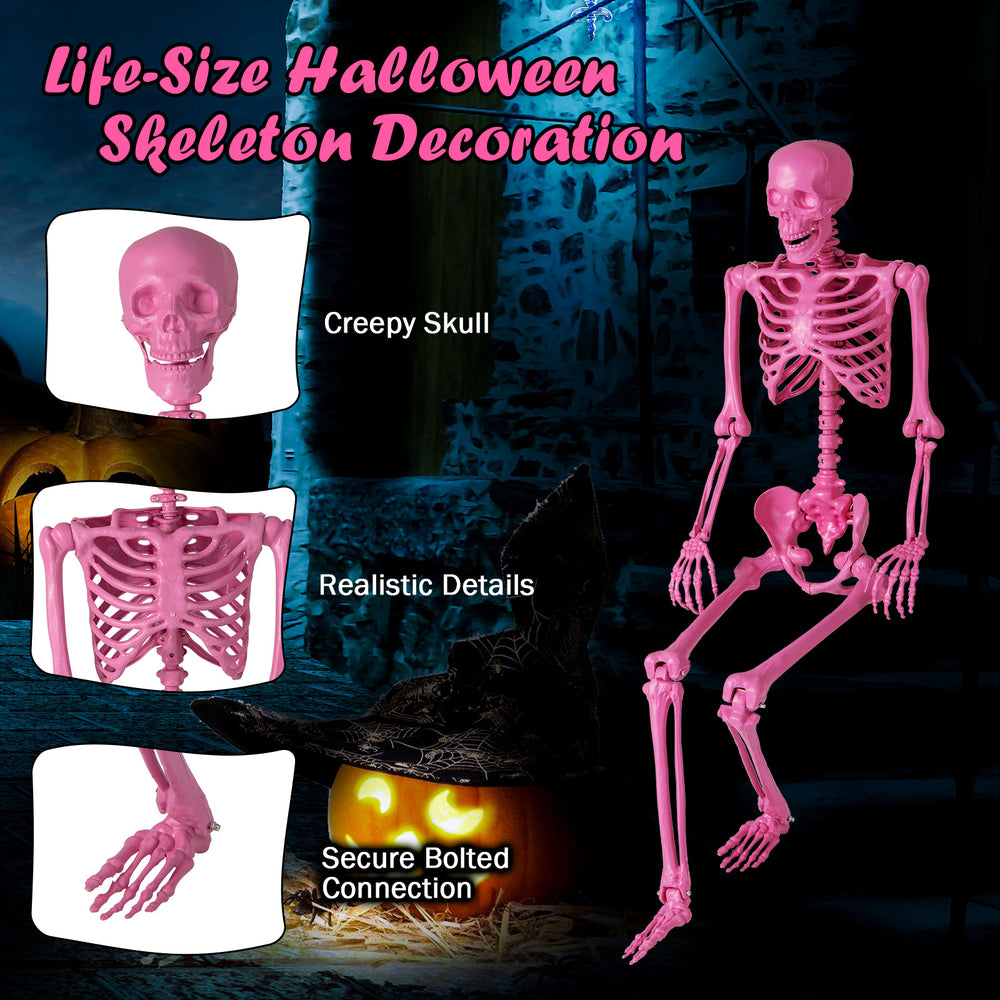 Life-size pink Halloween skeleton with movable joints, ideal for indoor or outdoor decorations and Halloween parties.