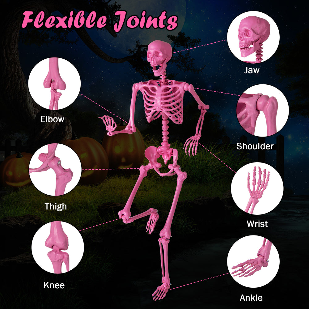Close-up of the pink life-size Halloween skeleton's flexible joints, showcasing movable elbows, knees, and ankles for.