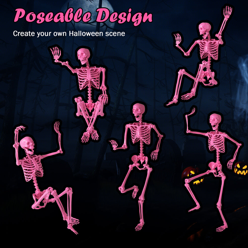 Life-size pink poseable skeleton with movable joints, perfect for Halloween decorations and creating spooky scenes.