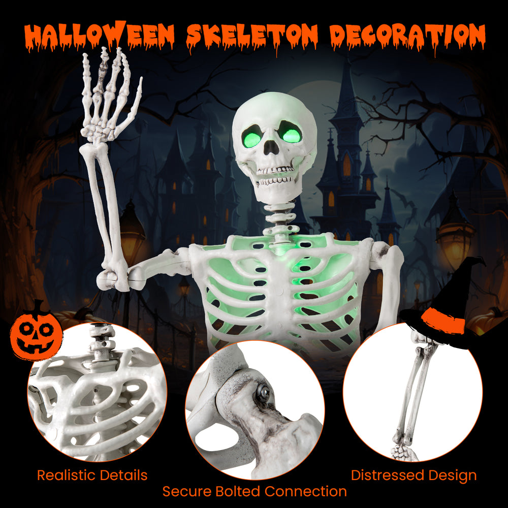 Life-size 5.5 FT Halloween skeleton decoration with posable joints and glowing green eyes, perfect for indoor or.