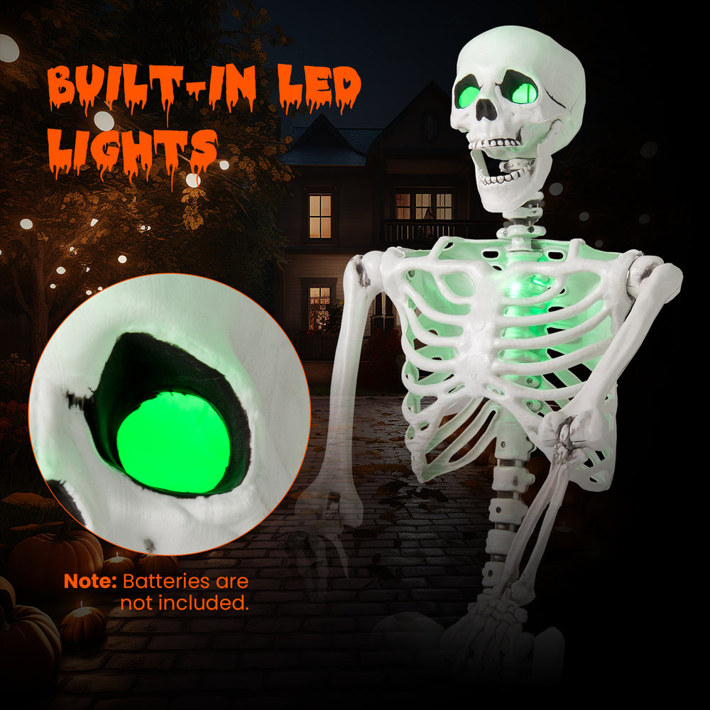 Life-size Halloween skeleton with posable joints and glowing green LED eyes, perfect for indoor or outdoor decoration.