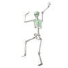 Life-size 5.5 FT posable Halloween skeleton with glowing green eyes, perfect for indoor or outdoor decoration.