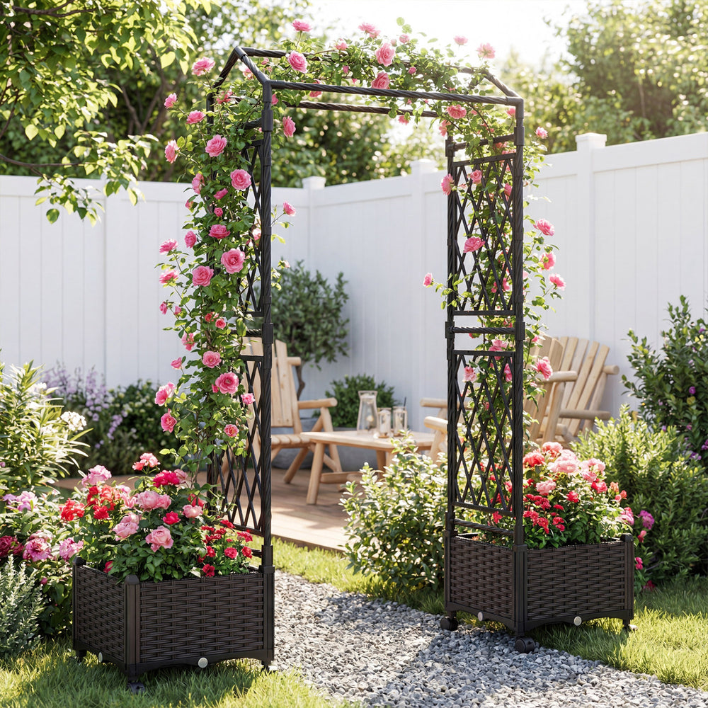 Self-watering planter boxes with lattice trellis and roof, featuring brown PP rattan for vibrant plant growth in.