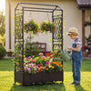 Self-watering planter box with lattice trellis and roof, featuring vibrant flowers, ideal for outdoor gardens.