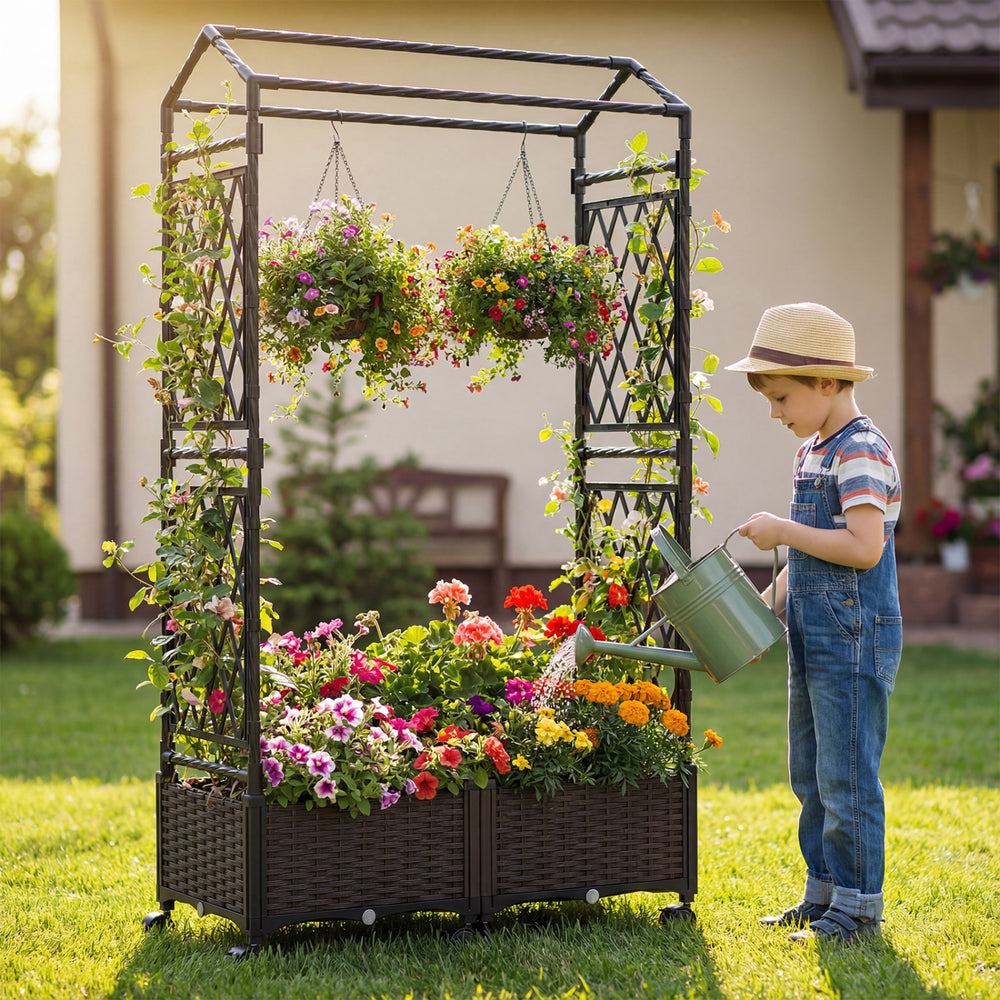 Self-watering planter box with lattice trellis and roof, featuring vibrant flowers, ideal for outdoor gardens.