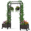 Self-watering planter boxes with lattice trellis and roof, featuring vibrant flowers and lockable wheels for easy.