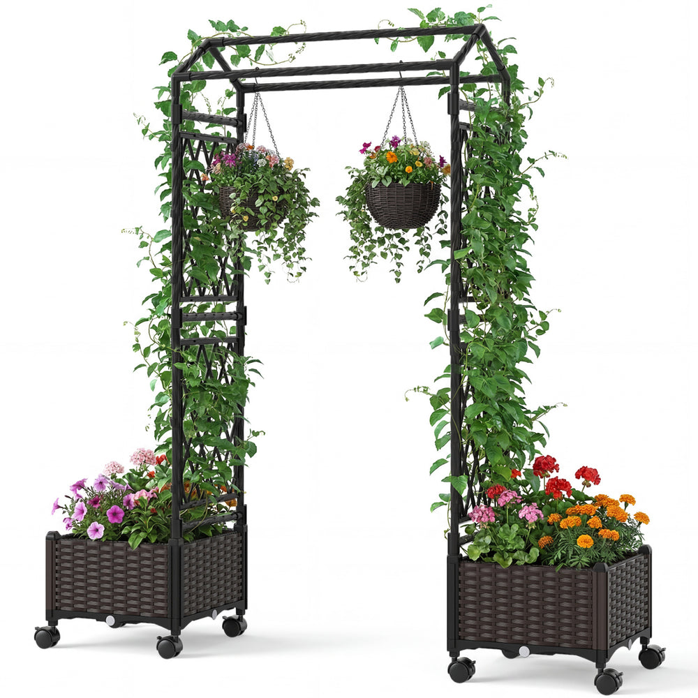 Self-watering planter boxes with lattice trellis and roof, featuring vibrant flowers and lockable wheels for easy.