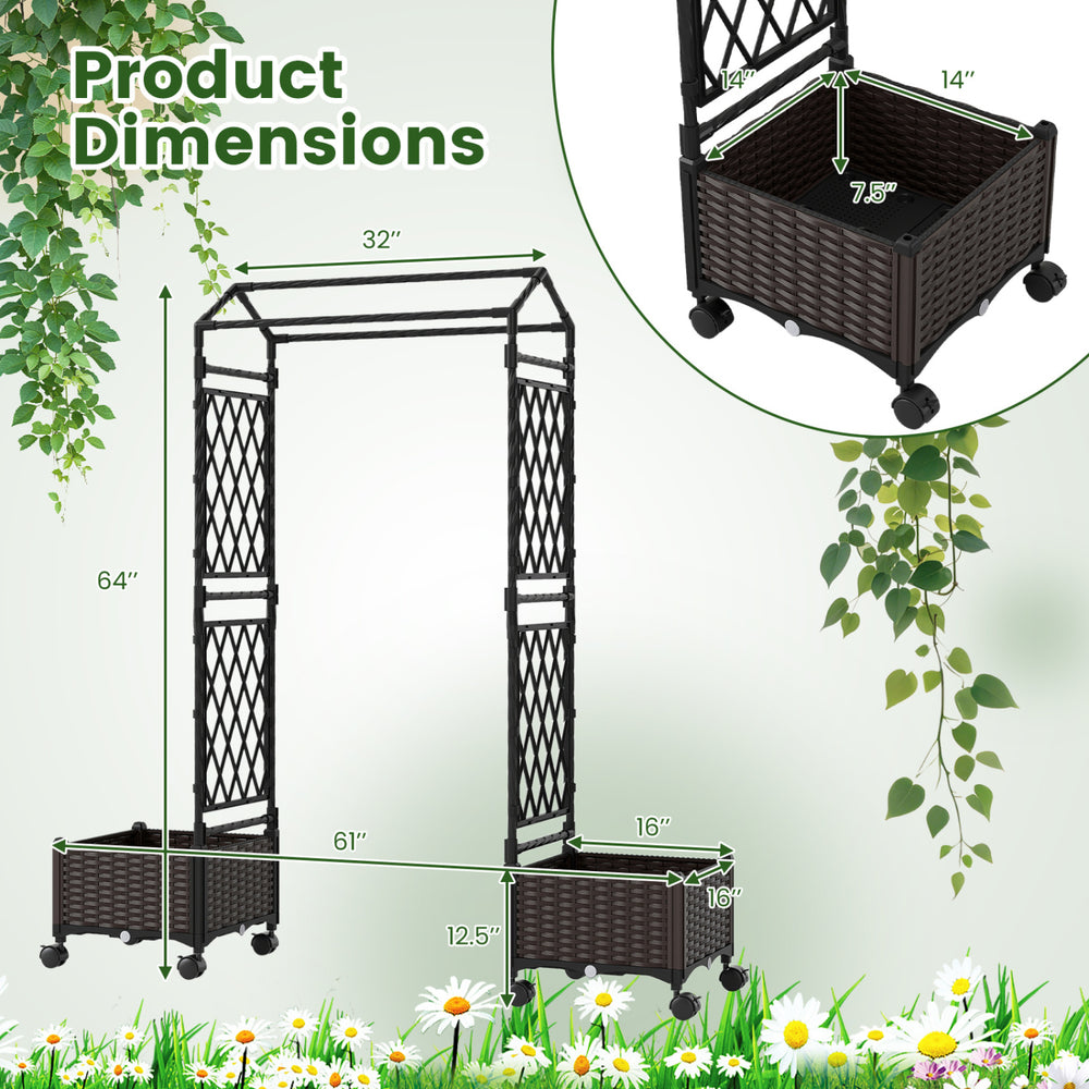 Self-watering planter box with lattice trellis and roof, 5.5 FT, brown, ideal for indoor and outdoor gardening.