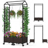 Self-watering planter boxes with lattice trellis and roof in brown, ideal for indoor and outdoor gardening.