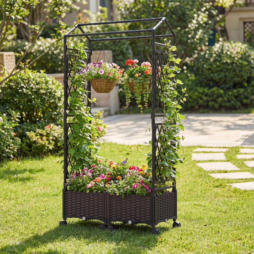 Self-watering planter boxes with lattice trellis and roof, featuring brown PE-coated metal and vibrant flowers for.
