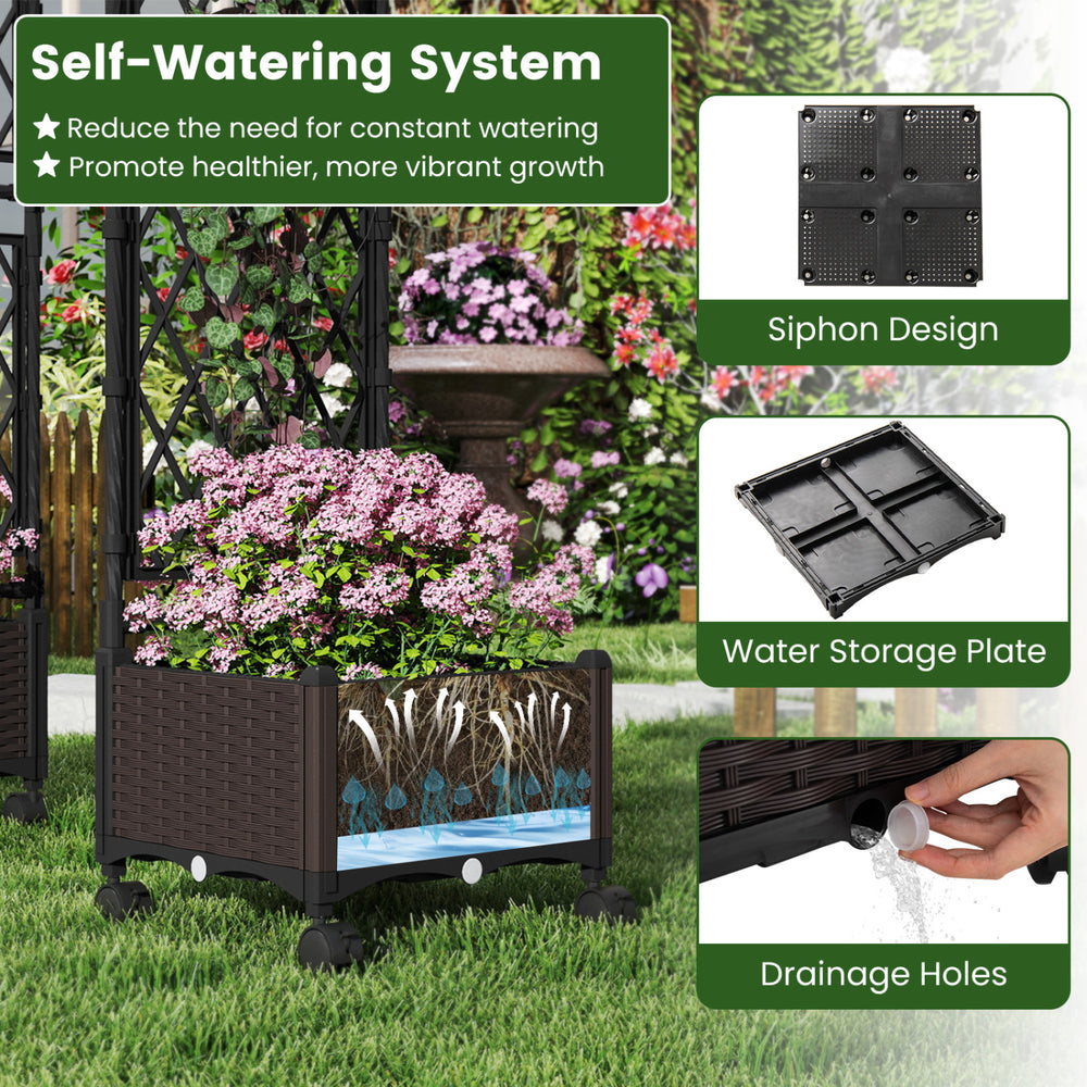 Self-watering planter box with lattice trellis, brown PP rattan, ideal for vibrant plant growth on patios or gardens.