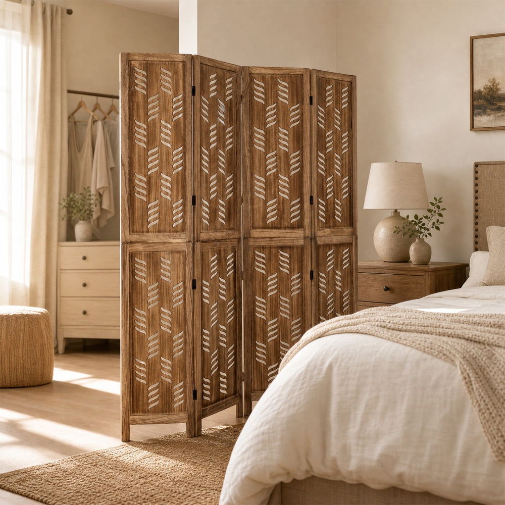 Tall 5.5 FT room divider with wave cutout patterns and a brown paulownia frame, ideal for privacy in any room.