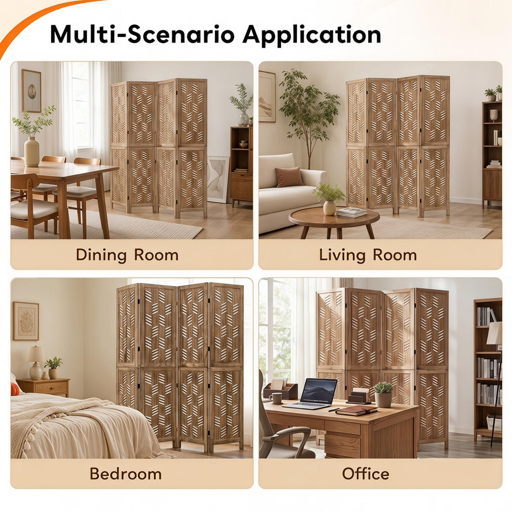 5.5 FT tall room divider with wave cutout design and paulownia frame, ideal for privacy in dining, living, or office spaces.