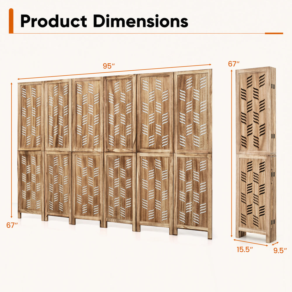 6-panel room divider with wave cutout design, made of paulownia wood, ideal for creating privacy in various spaces.