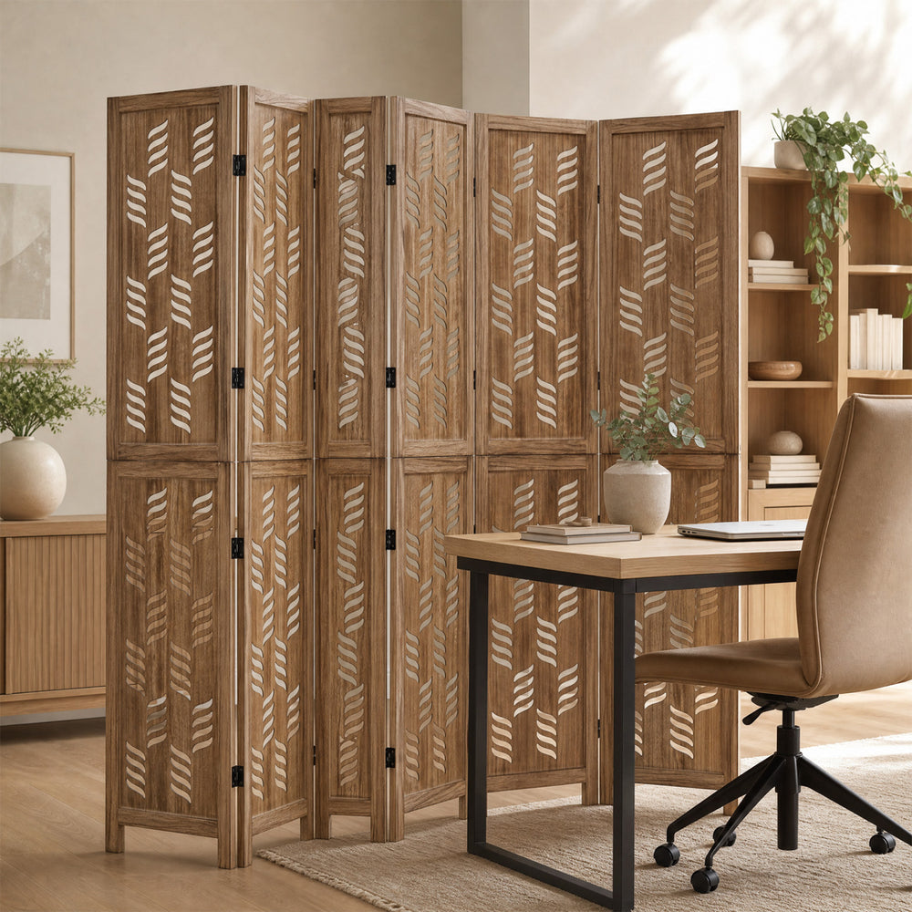 6-panel room divider made of paulownia wood with wave cutout design, ideal for creating privacy in any room.