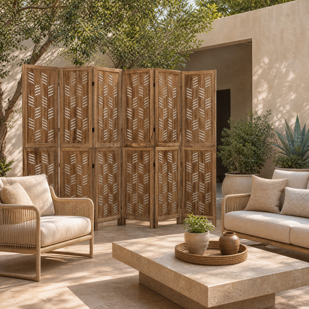 Tall 5.5 FT room divider with wave cutout patterns and premium paulownia frame, ideal for creating privacy in any space.
