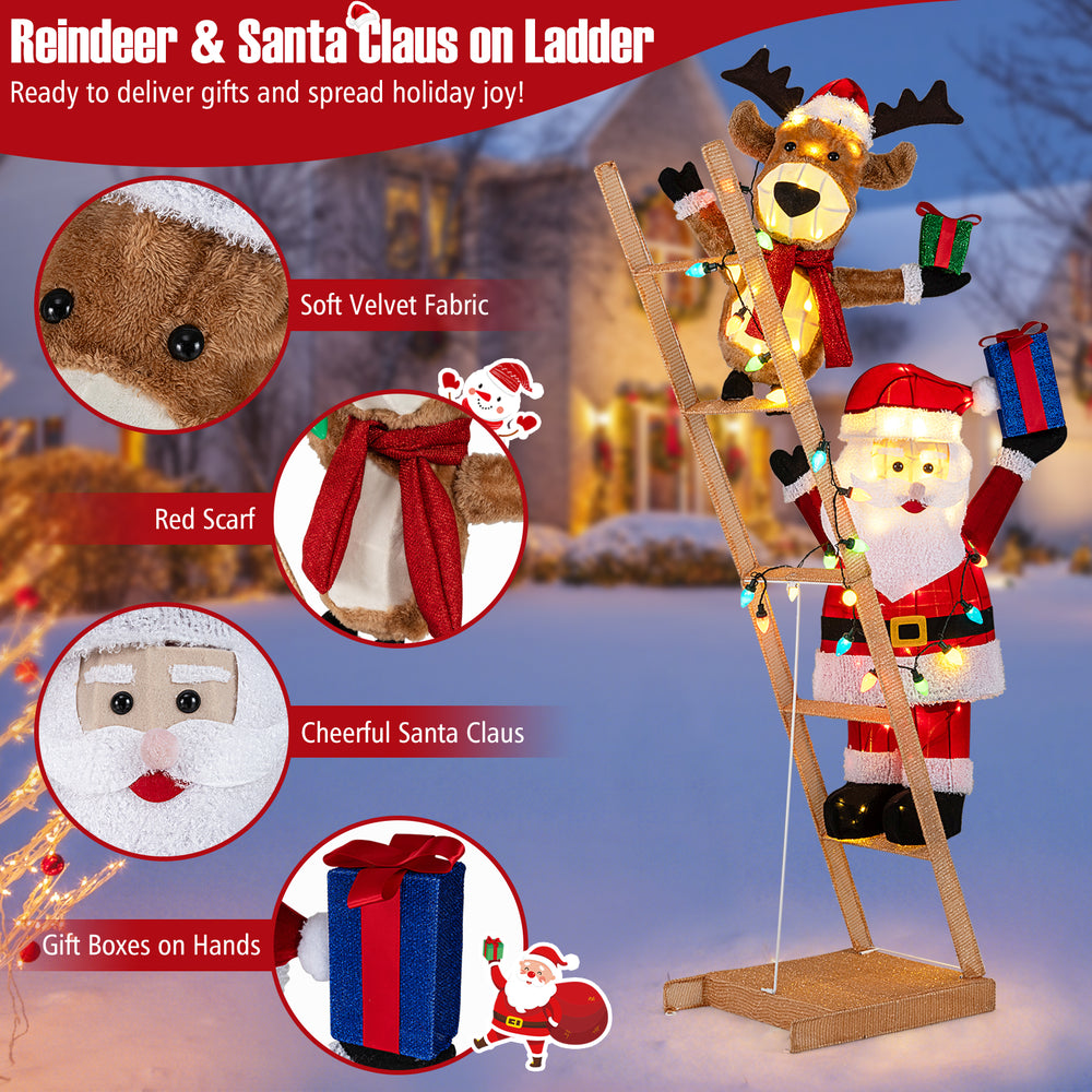 5.5 feet Christmas decoration featuring Santa Claus and reindeer on a ladder, illuminated with 100 LED lights for.