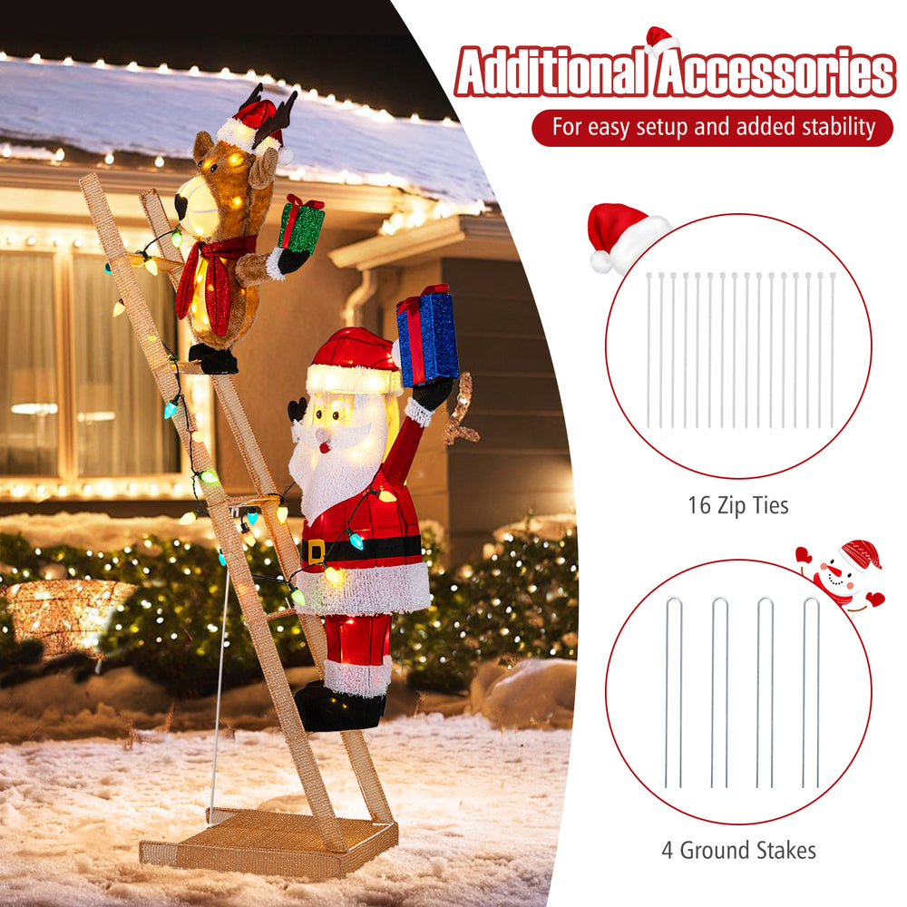 Lighted 5.5 feet Santa Claus and reindeer on ladder with 100 LED lights, perfect for festive outdoor holiday decor.
