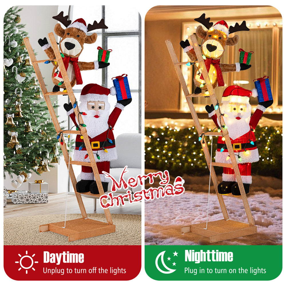 Lighted 5.5 feet Christmas decoration featuring Santa Claus and reindeer on a ladder, with 100 LED lights for festive.