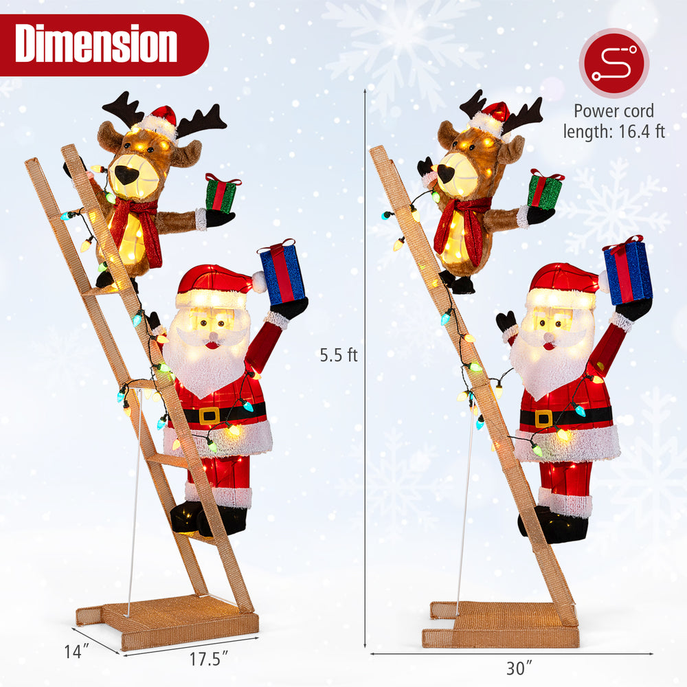 Santa Claus and reindeer on a ladder, 5.5 ft tall, with 100 LED lights for festive indoor or outdoor decoration.